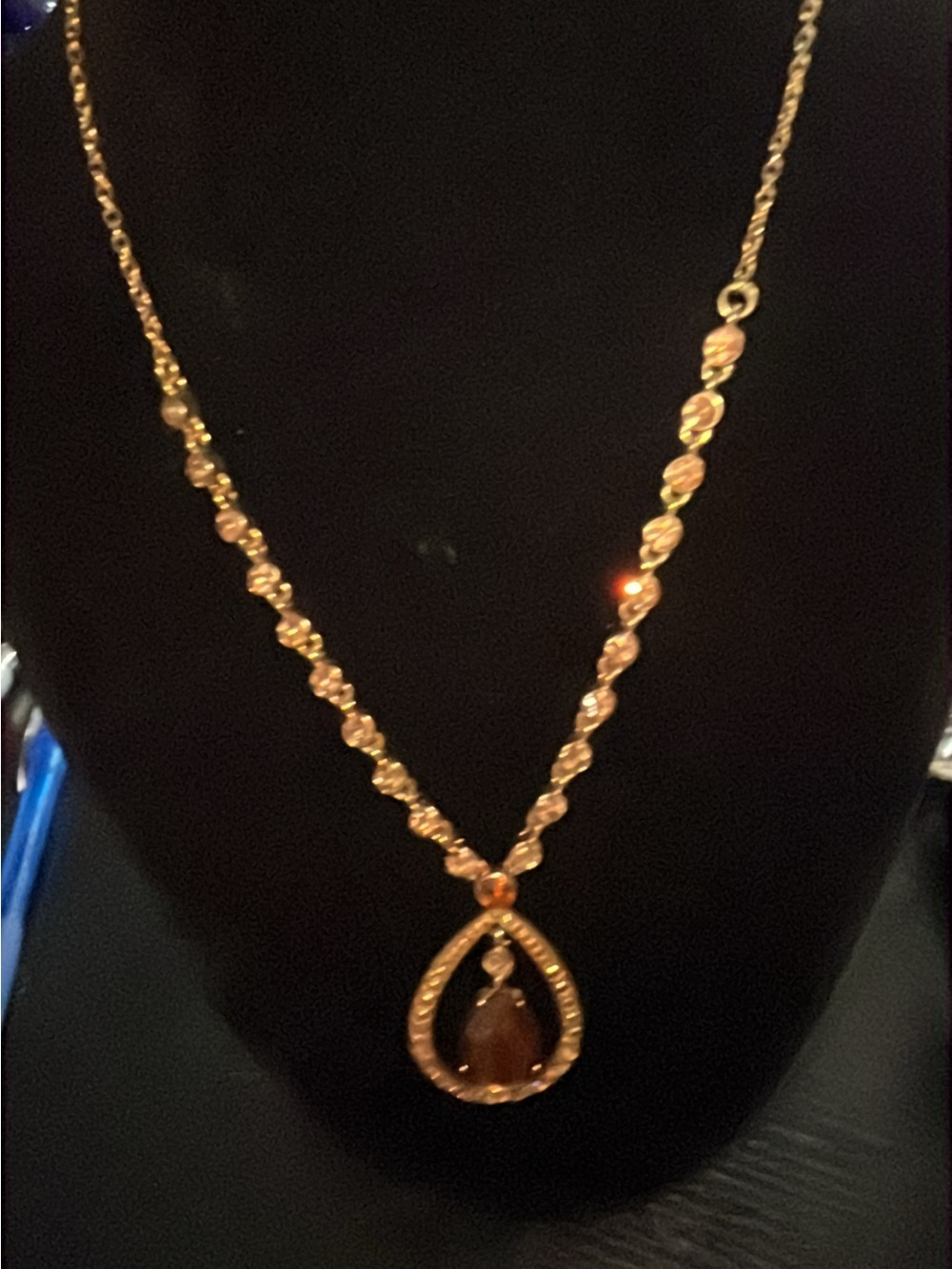 Gold-Tone Teardrop Pendant Necklace with Brown Stone